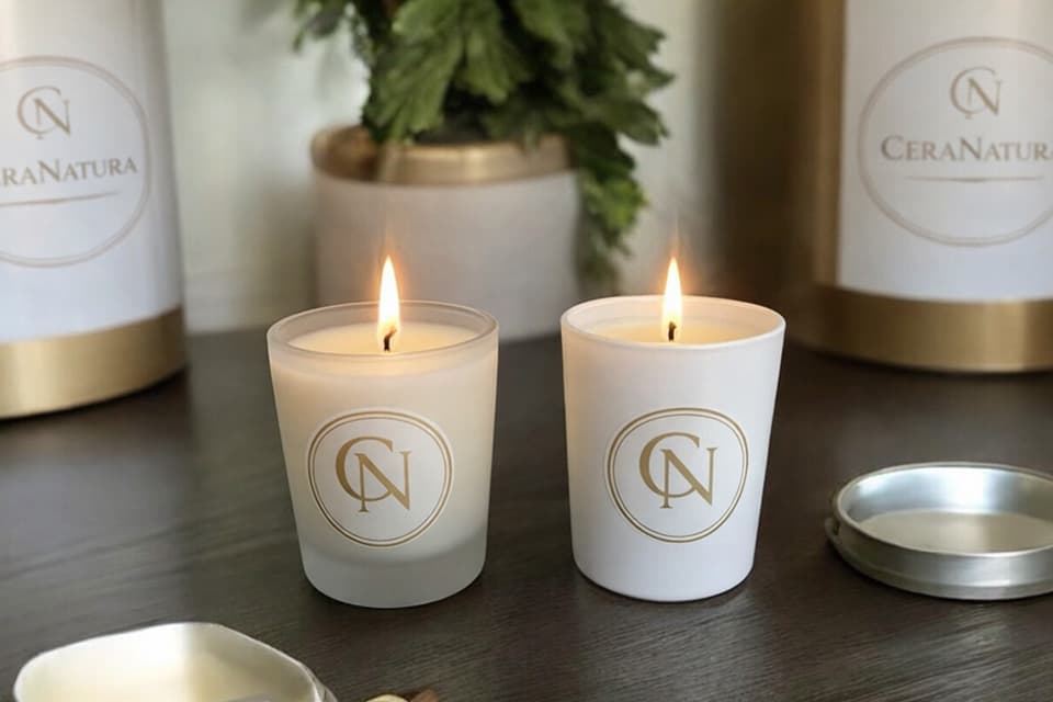Deux bougies artisanales allumees Ceranatura dans des contenants blancs minimalistes, posees sur une table dans une ambiance naturelle et chaleureuse