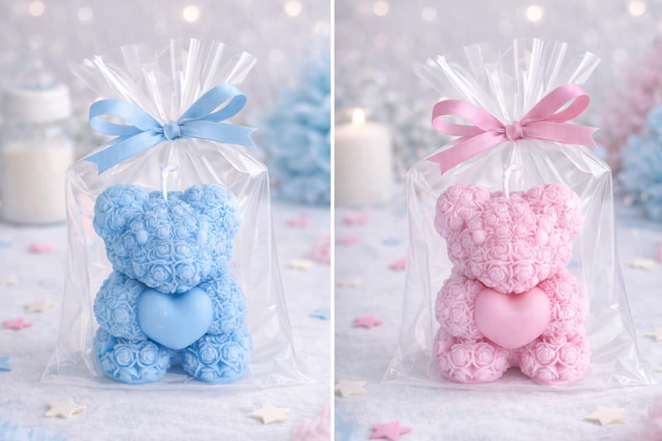 Bougies en forme d’ourson bleu et rose, décorées de petites roses et présentées dans un sachet transparent avec un ruban assorti, conçues comme cadeaux invités pour événements