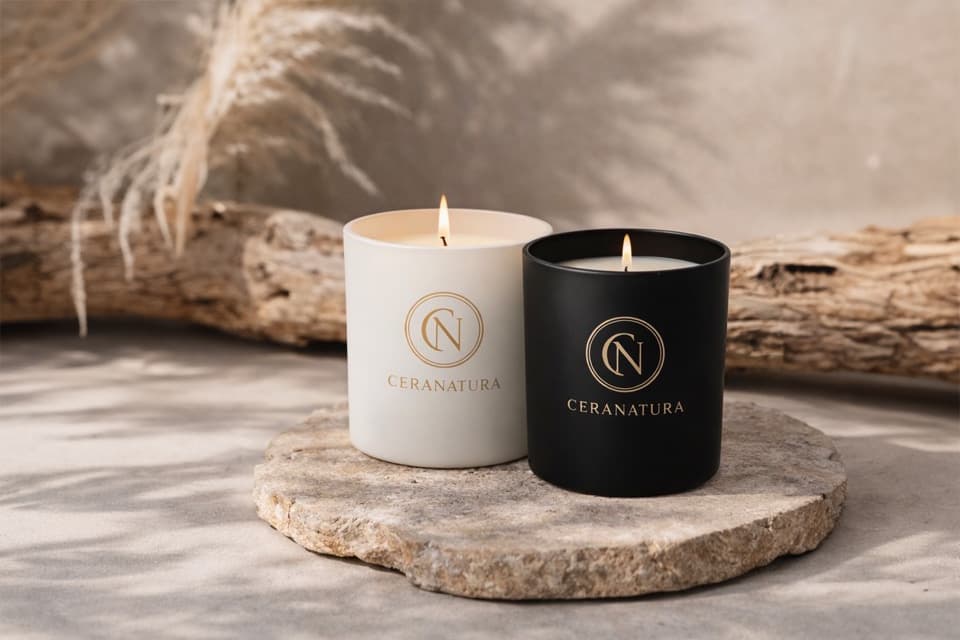 Bougies artisanales Ceranatura en cire naturelle dans contenants blancs et noirs