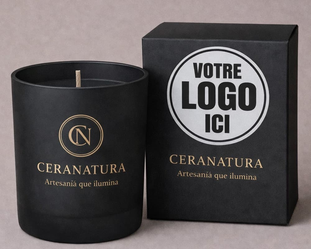 Bougie noire Ceranatura avec coffret personnalisable portant l’inscription Votre logo ici, mise en scène sur fond neutre