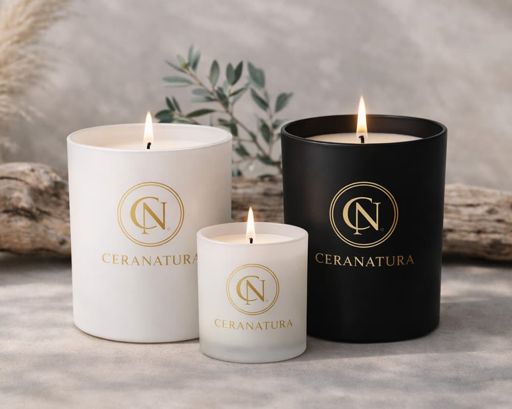 Bougies artisanales Ceranatura allumées en contenants blancs et noir, mises en scène sur un fond naturel