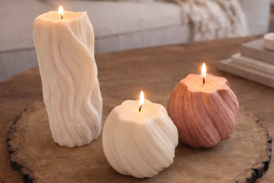 Bougies moulées Ceranatura aux formes organiques, allumées et posées sur un plateau en bois dans un intérieur chaleureux
