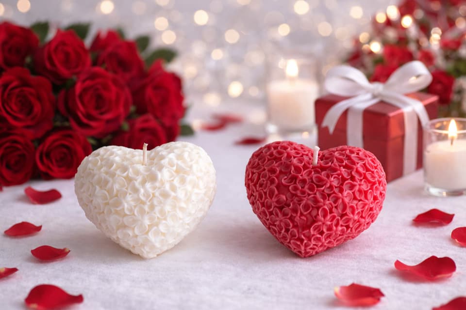 Bougies moulées en forme de cœur, blanche et rouge, dans une mise en scène romantique avec roses et pétales