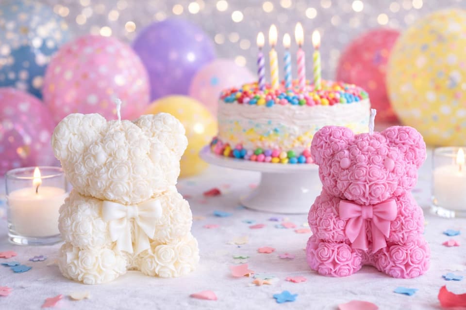 Bougies en forme d’ourson blanc et rose dans une décoration d’anniversaire, avec gâteau coloré et ballons en arrière-plan