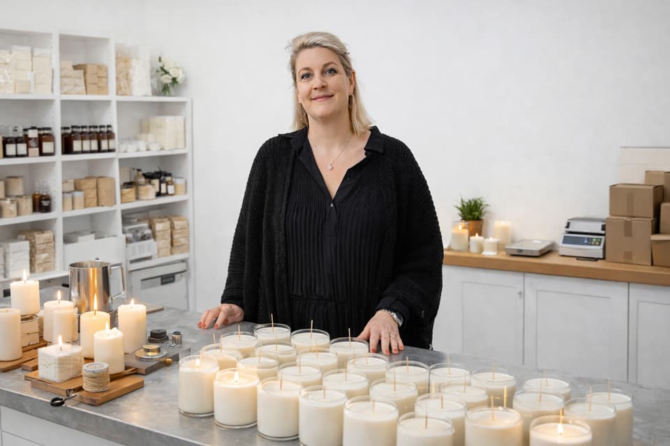Artisane dans son atelier, devant une table remplie de bougies blanches en cours de fabrication