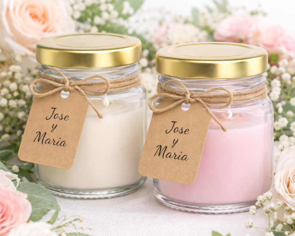 Bougies personnalisées pour mariage, en pots transparents avec étiquettes kraft portant les prénoms Jose y Maria