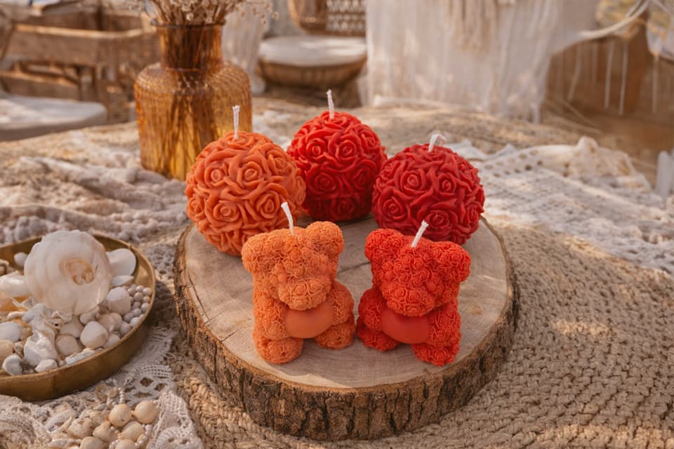 Bougies Ceranatura moulées en forme de roses et d’oursons, dans des teintes orangées et rouges, présentées sur un décor naturel en bois et fibres tressées